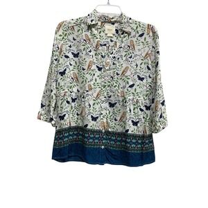 Anthropologie Maeve‎ Woodland Walk Owl Butterfly Print Button SZ 8P
